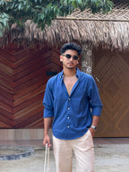 Beige Linen Pant + Midnight Blue Check Shirt