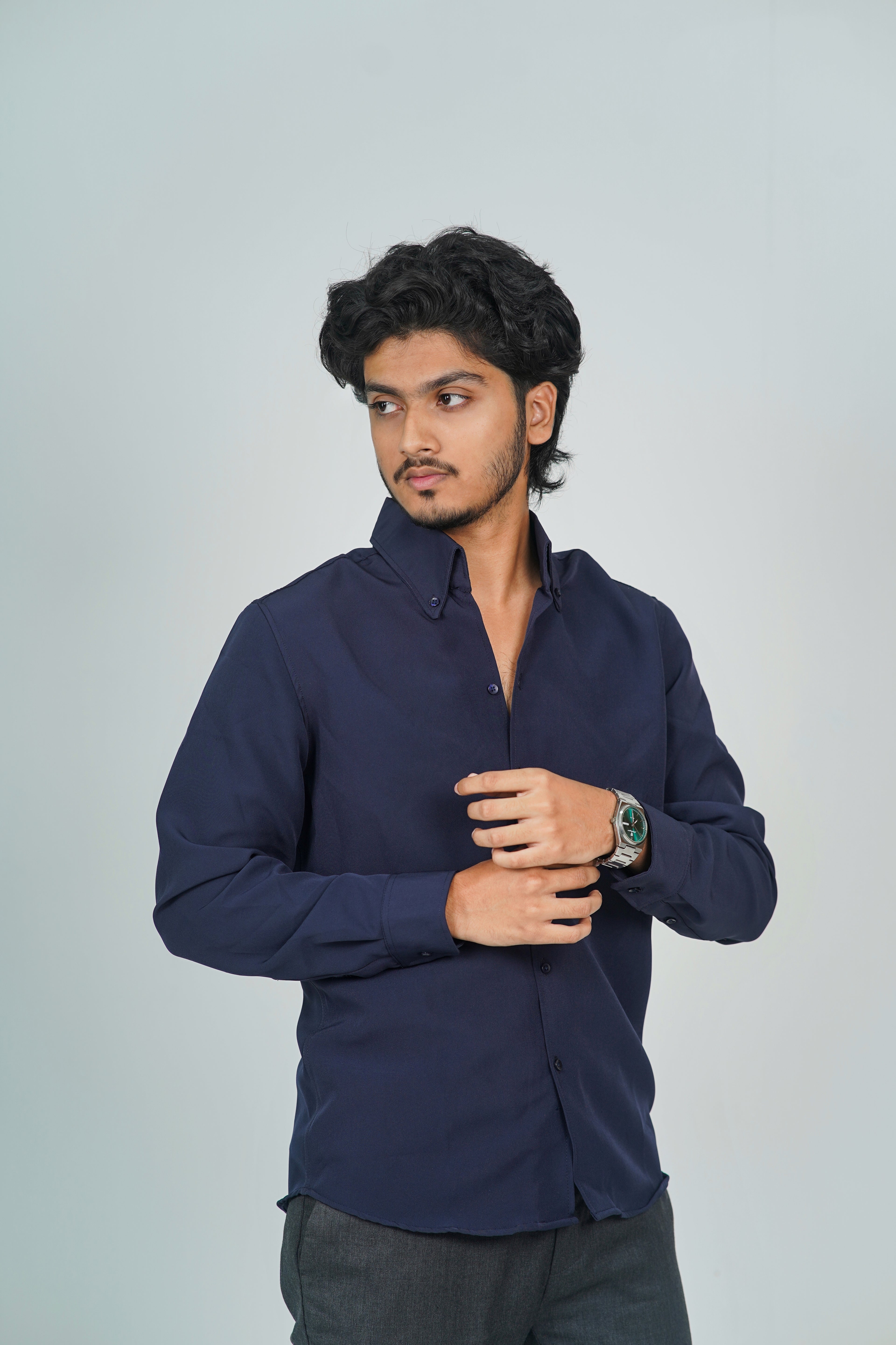 Korean High Neck Navy Blue Shirt
