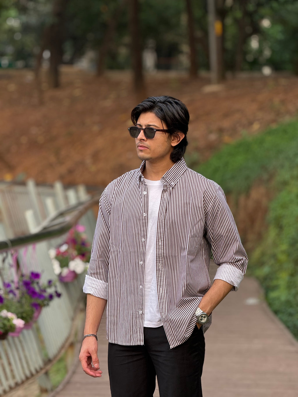 Coffee Structured Stripe Shirt