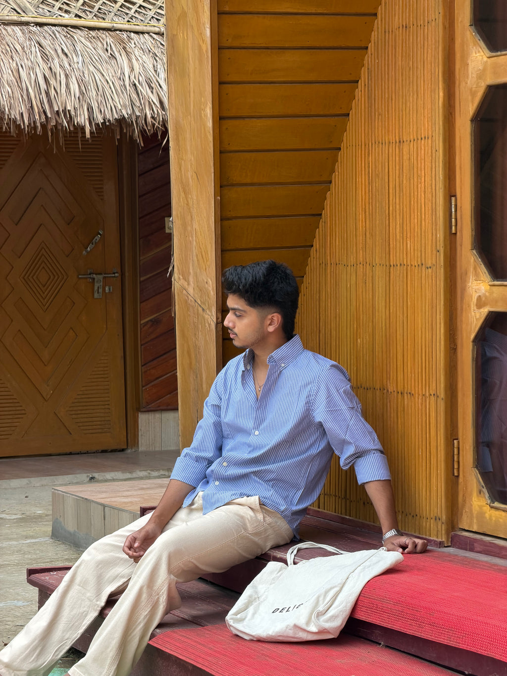 Beige Linen Pant + Devil Blue Stripe Shirt