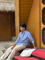 Beige Linen Pant + Devil Blue Stripe Shirt