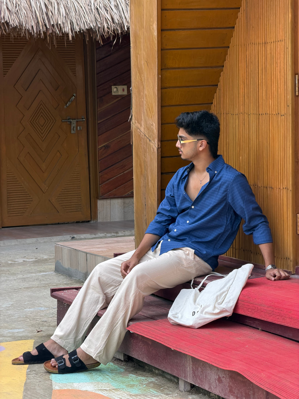 Beige Linen Pant + Midnight Blue Check Shirt