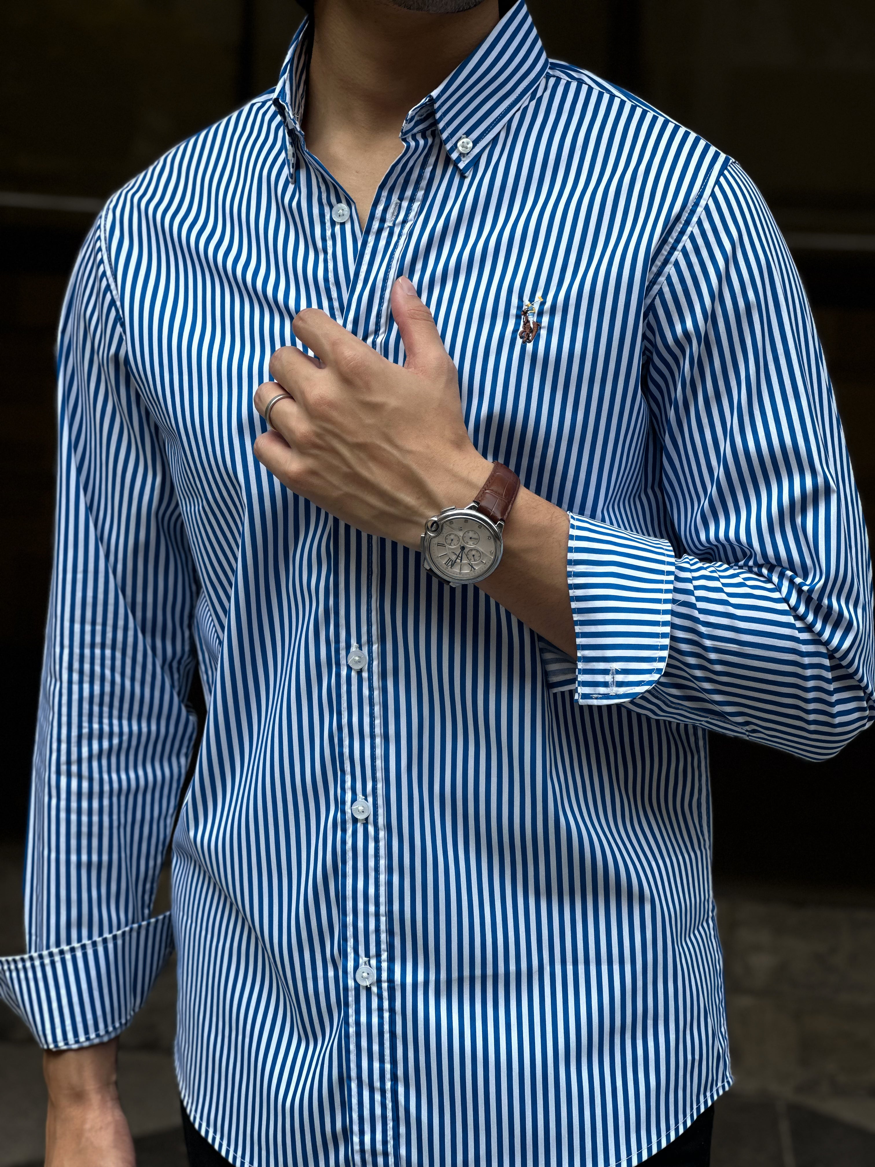 Dark Blue White Semi Stripe Shirt