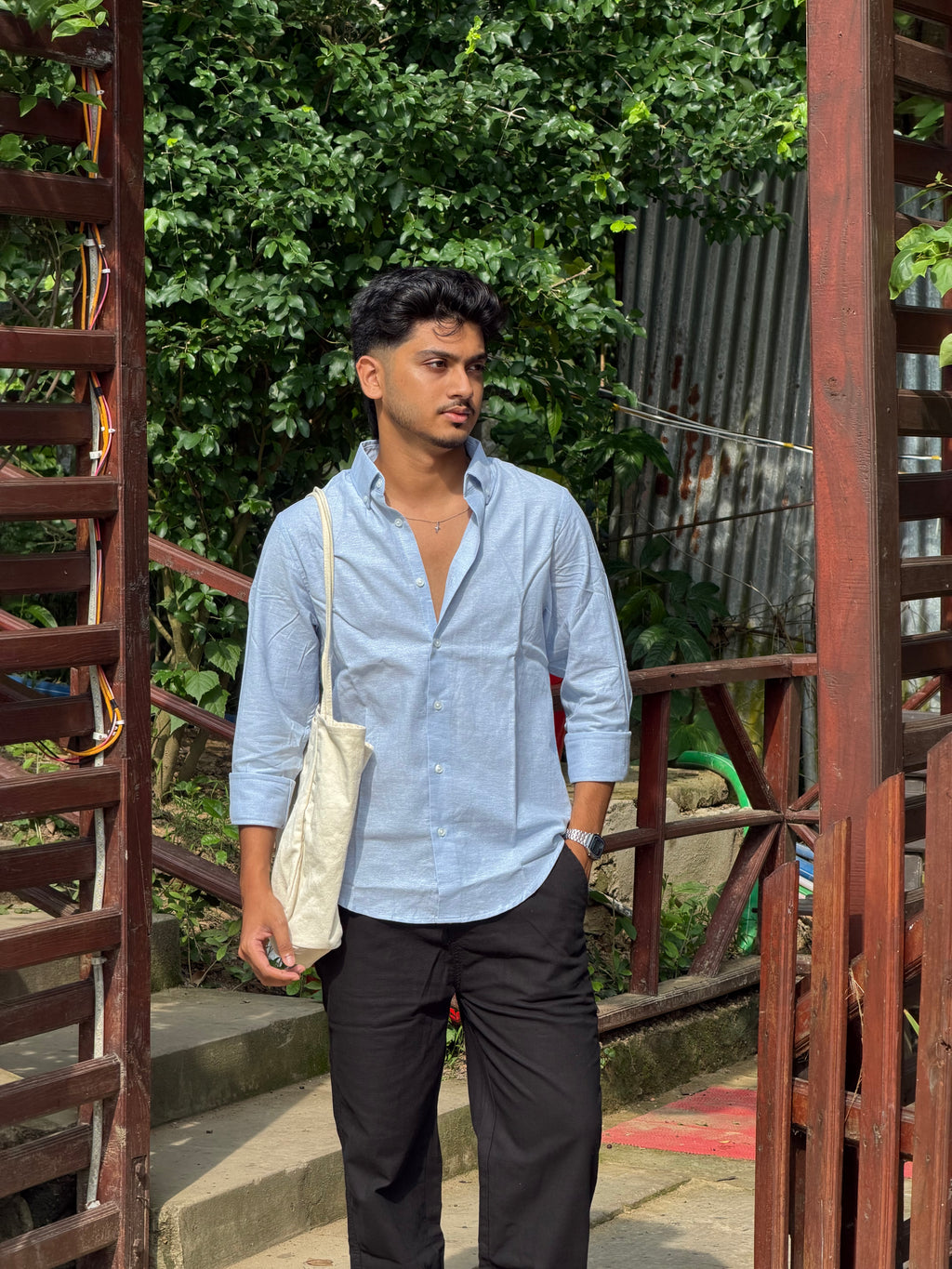 Black Linen Pant + Powder Blue Shirt
