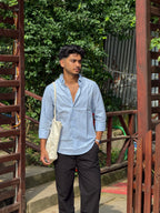 Black Linen Pant + Powder Blue Shirt