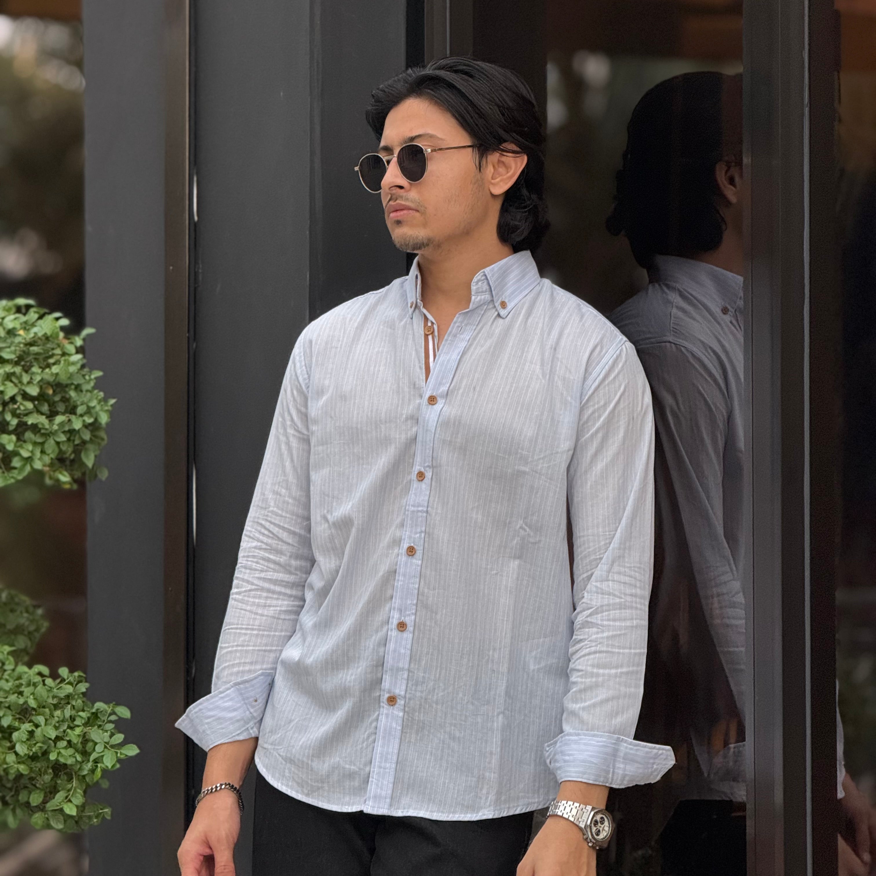 Sky White Brown Finished Stripe Shirt