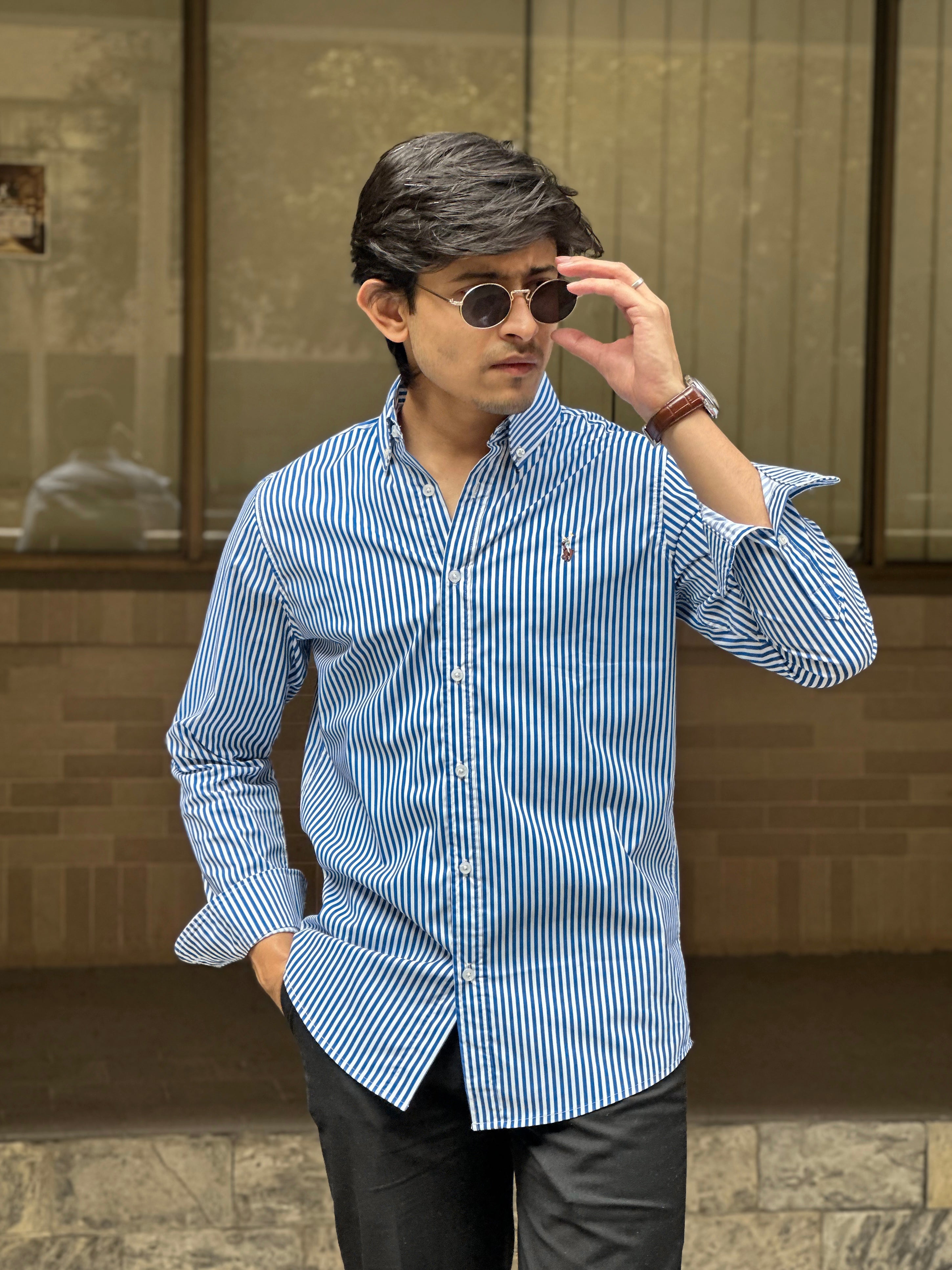 Dark Blue White Semi Stripe Shirt
