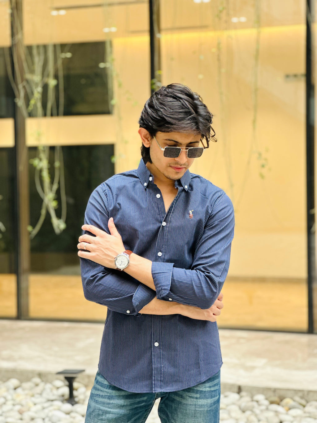 Navy Semi White Stripe Shirt