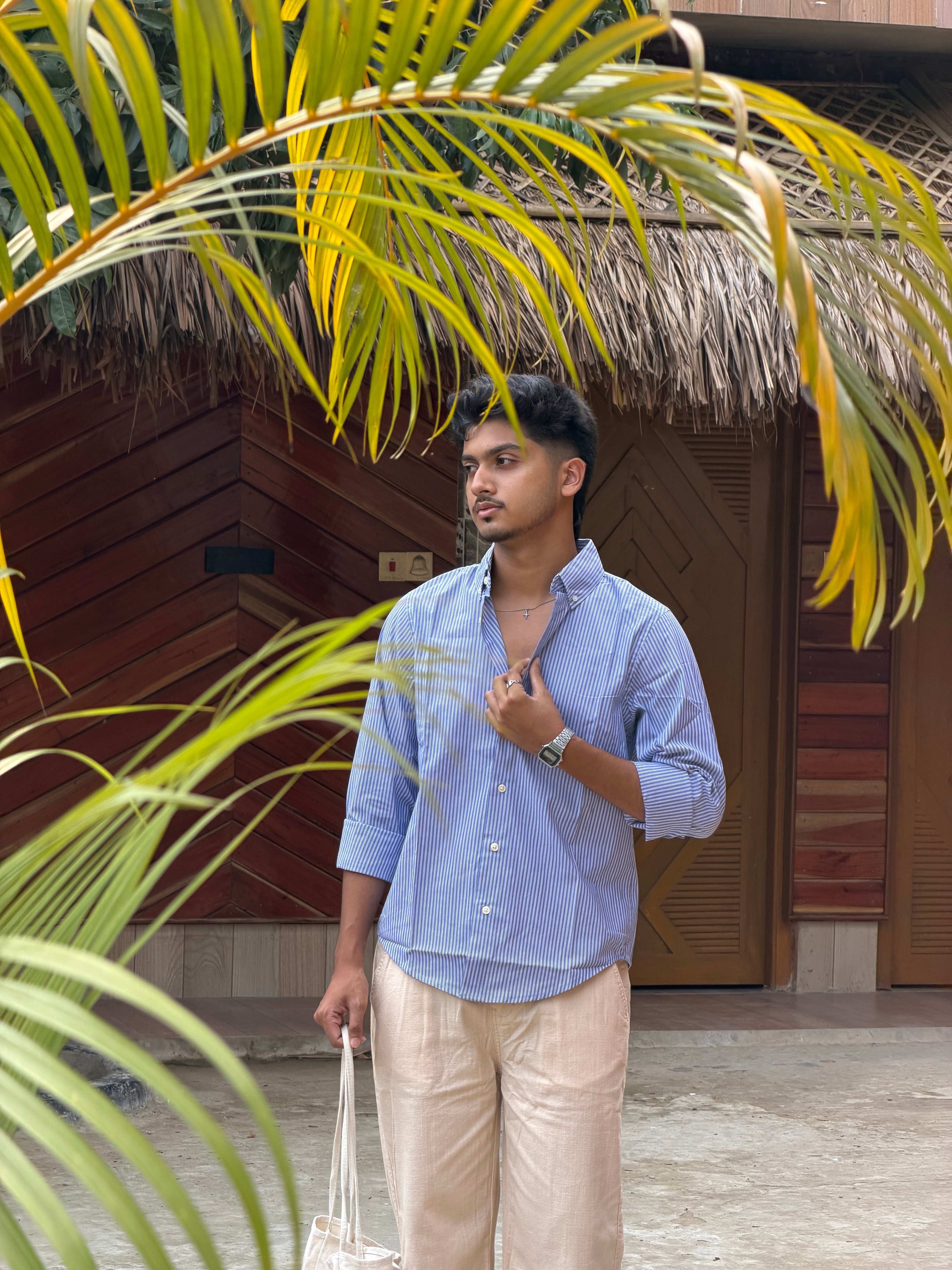 Beige Linen Pant + Devil Blue Stripe Shirt
