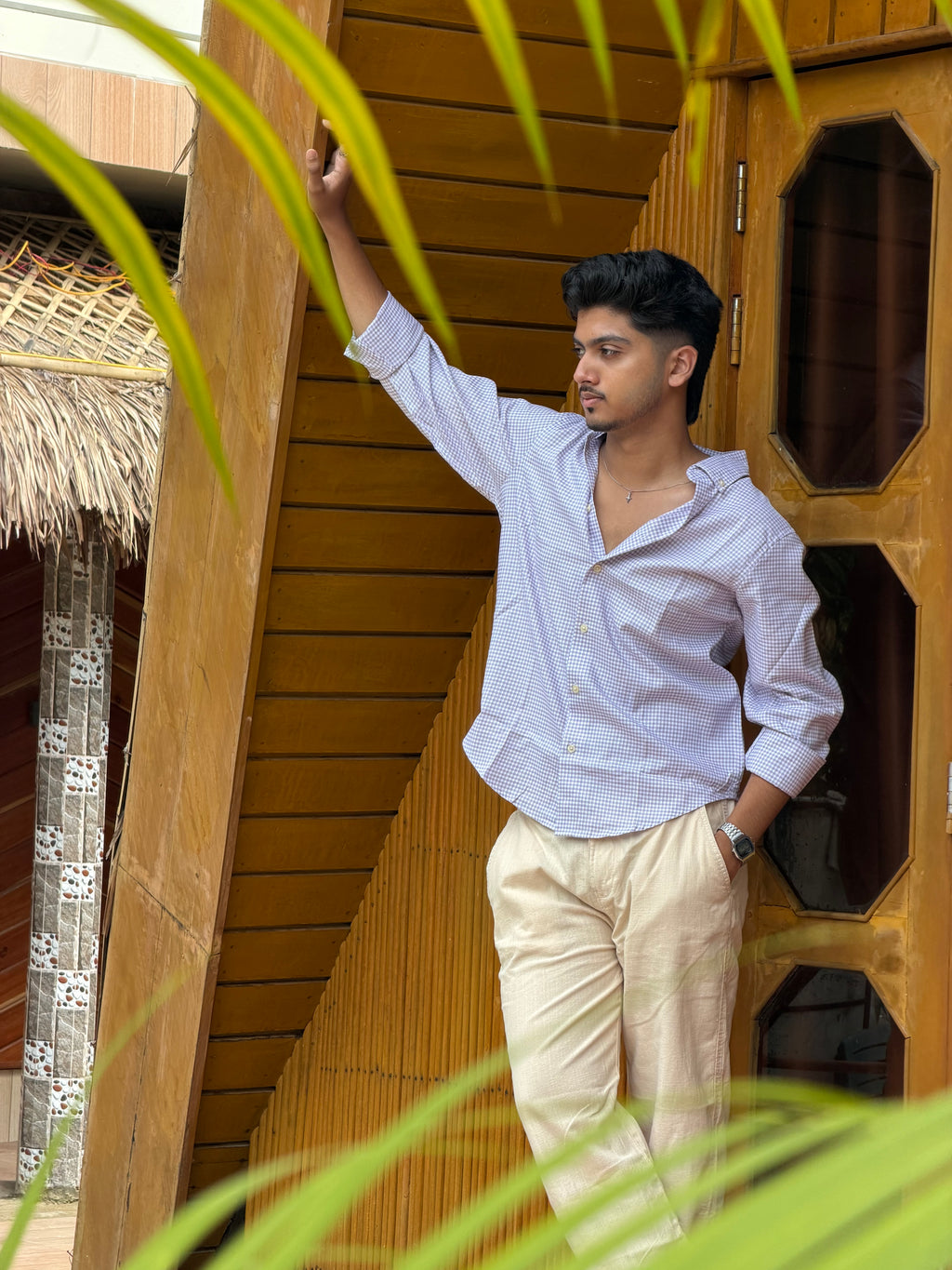 Beige Linen Pant + Multi Check Shirt