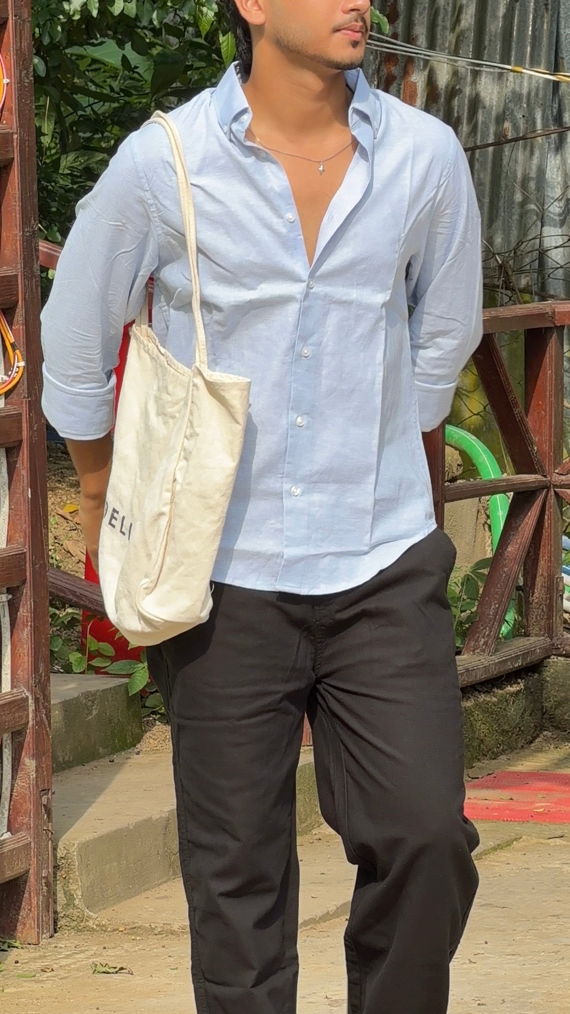 Black Linen Pant + Powder Blue Shirt