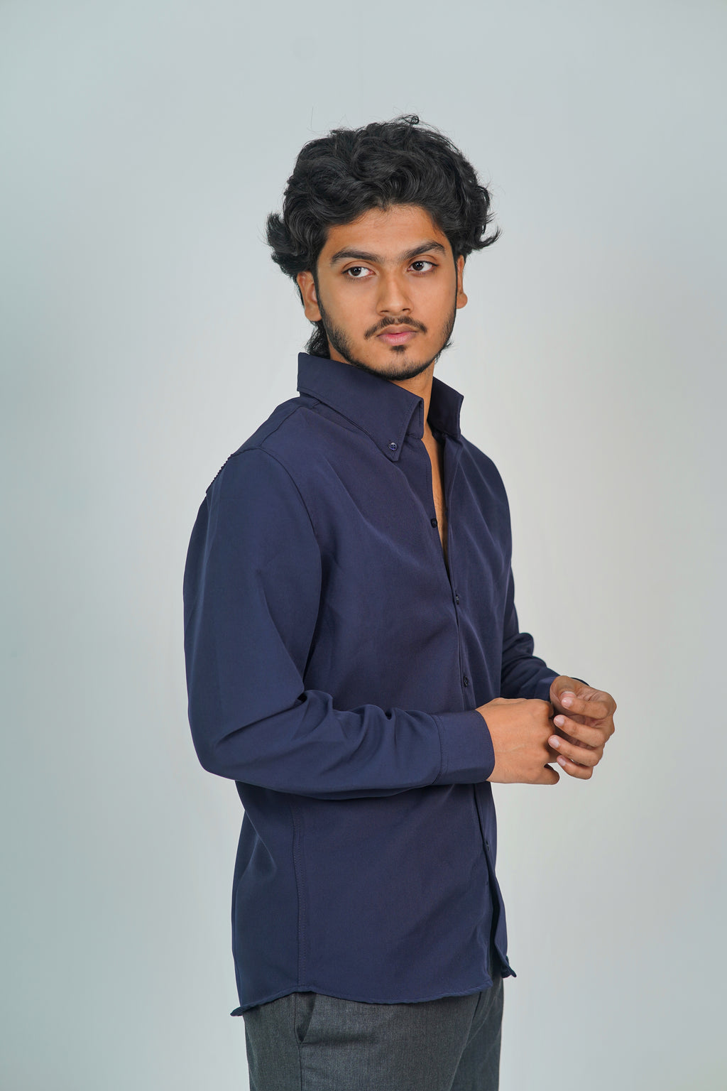 Korean High Neck Navy Blue Shirt
