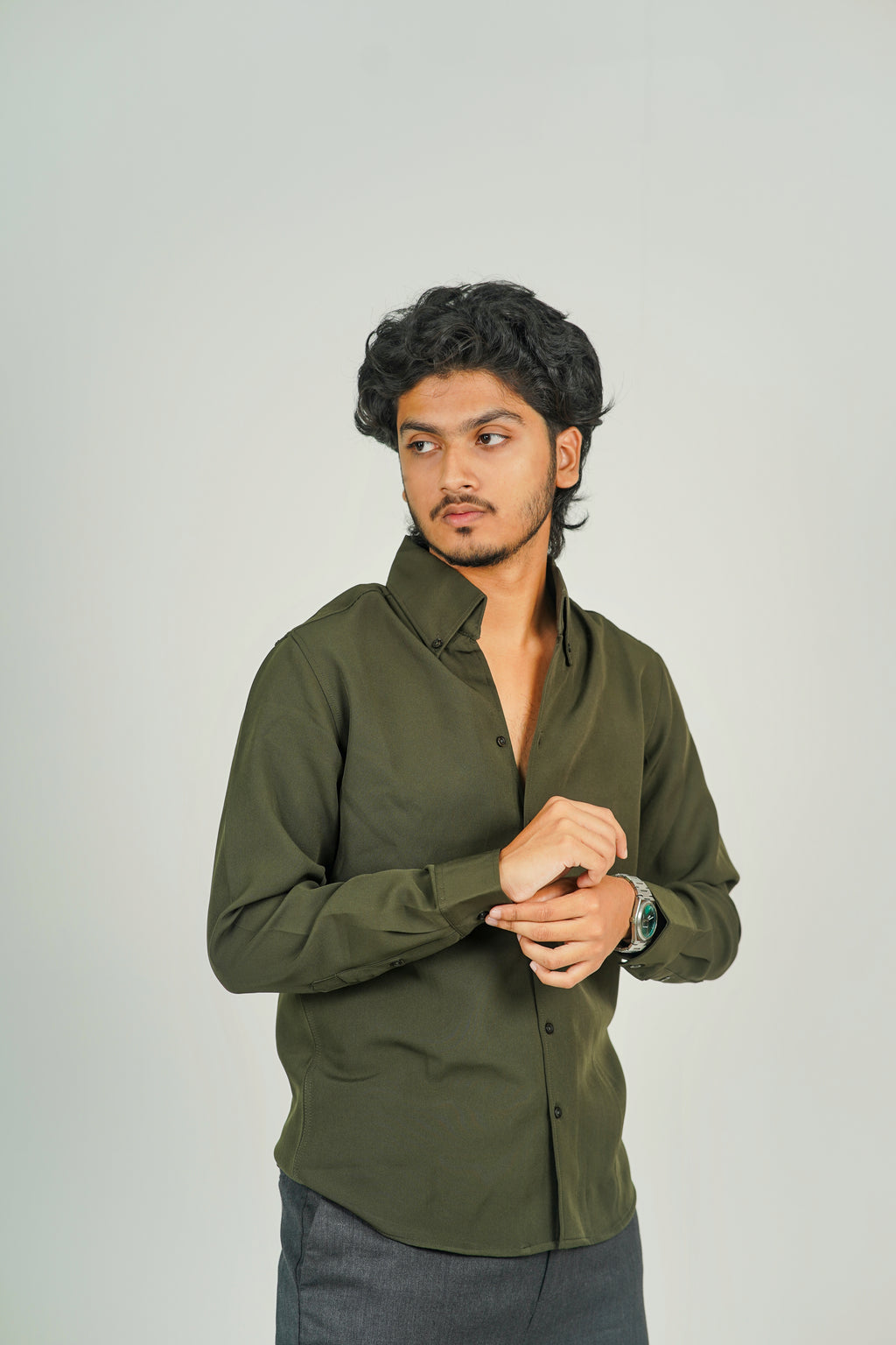 Korean High Neck Olive Green Shirt