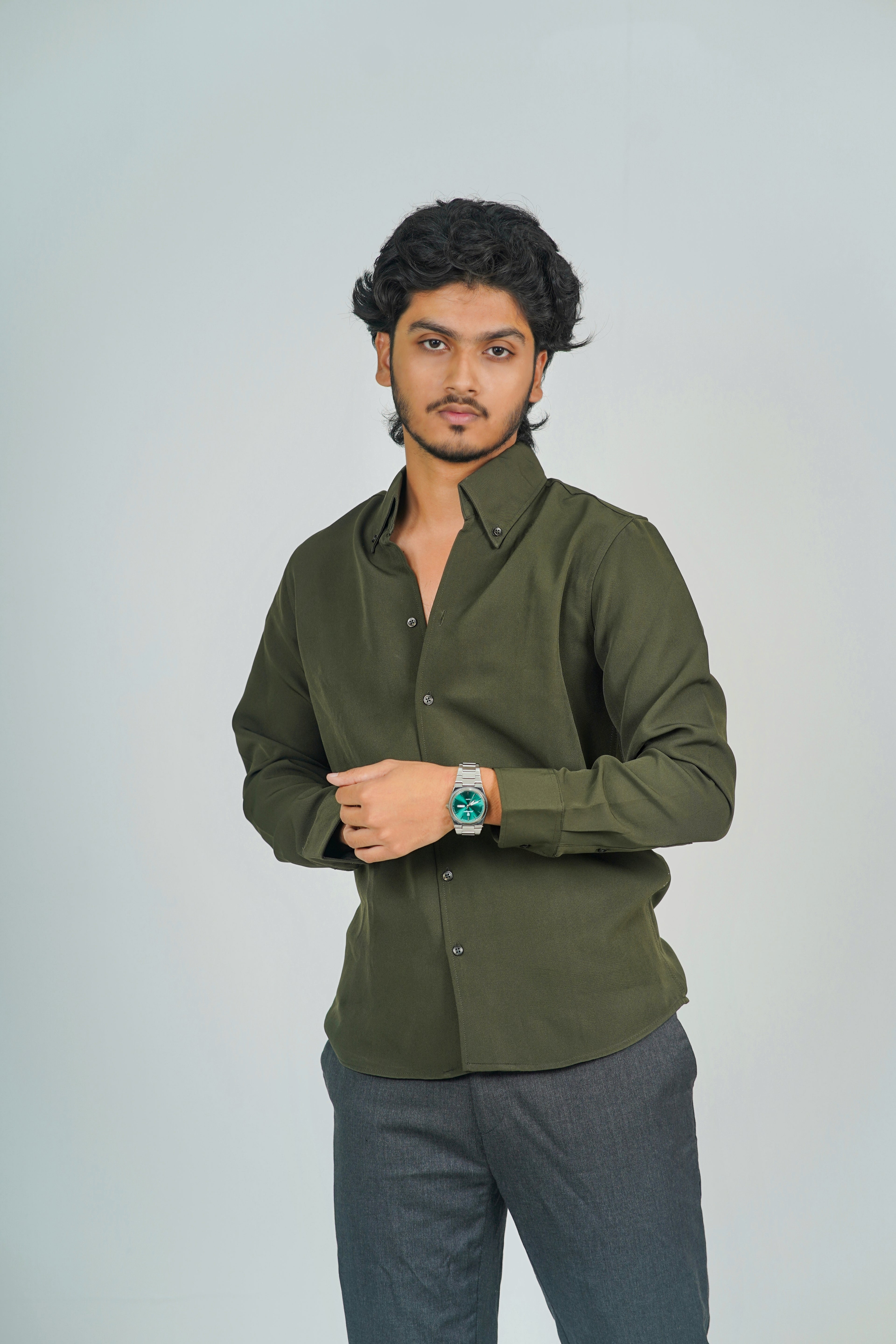 Korean High Neck Olive Green Shirt