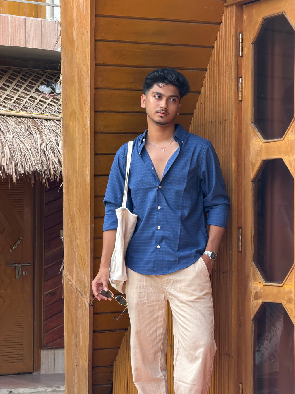 Beige Linen Pant + Midnight Blue Check Shirt