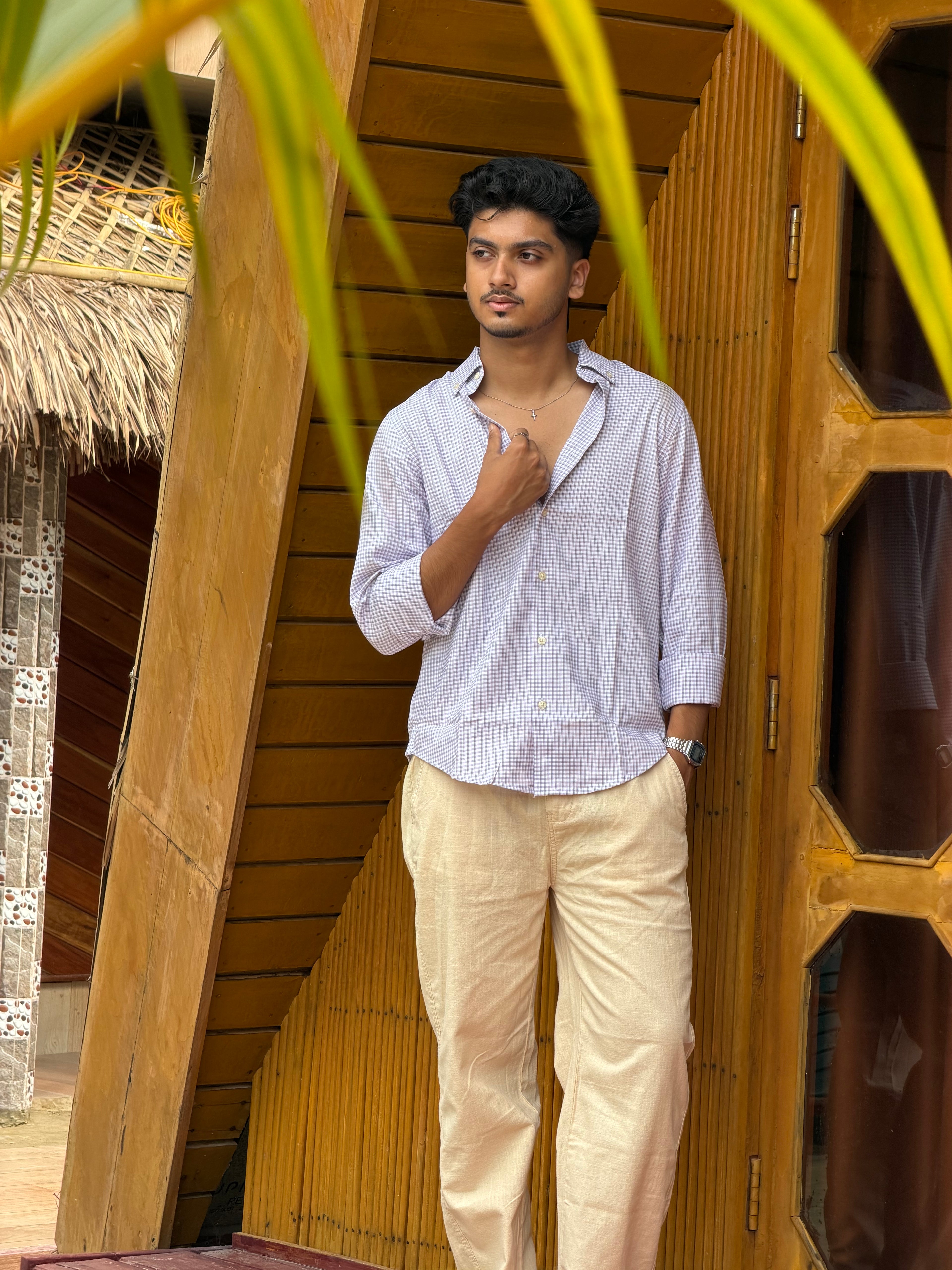 Beige Linen Pant + Multi Check Shirt