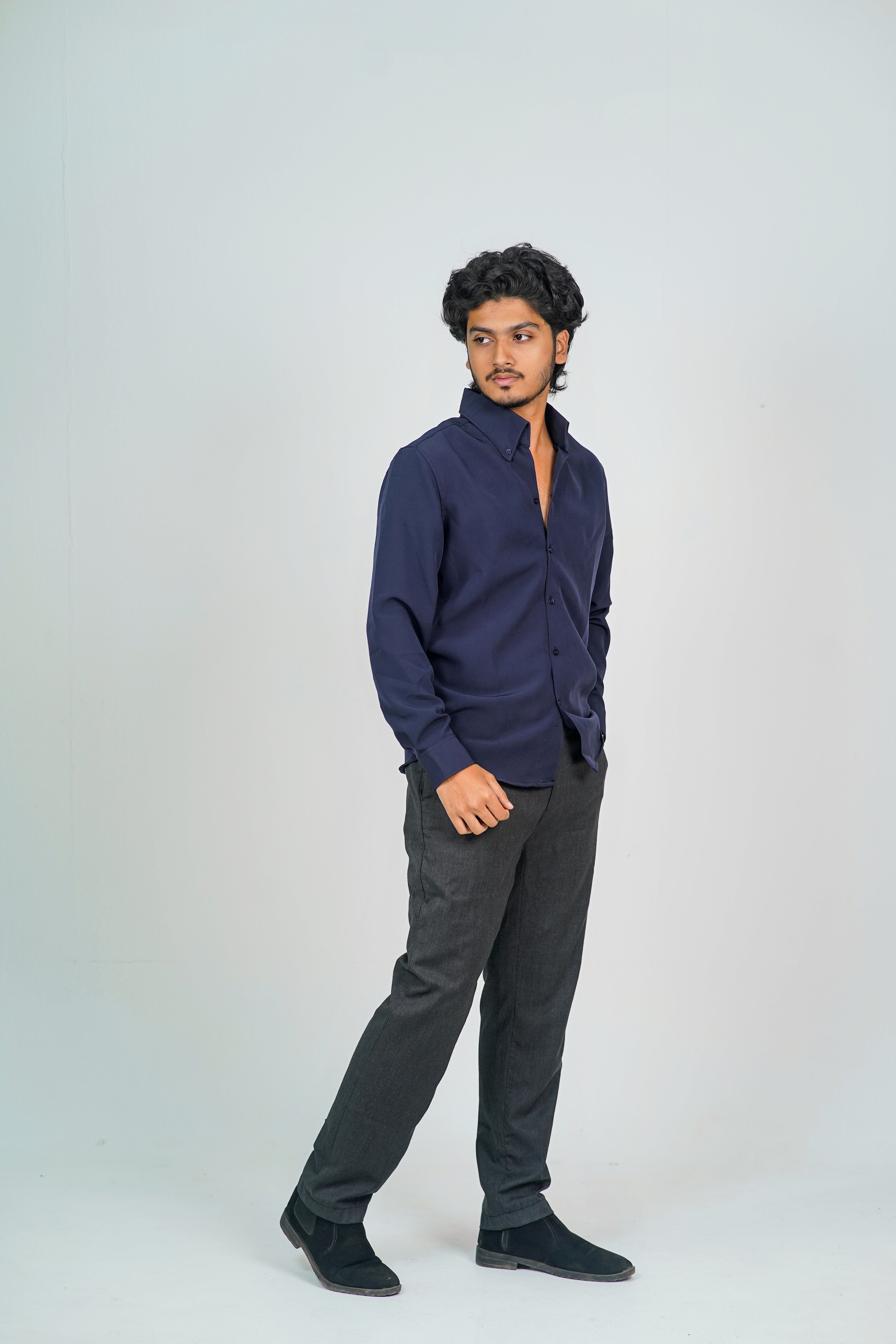 Korean High Neck Navy Blue Shirt