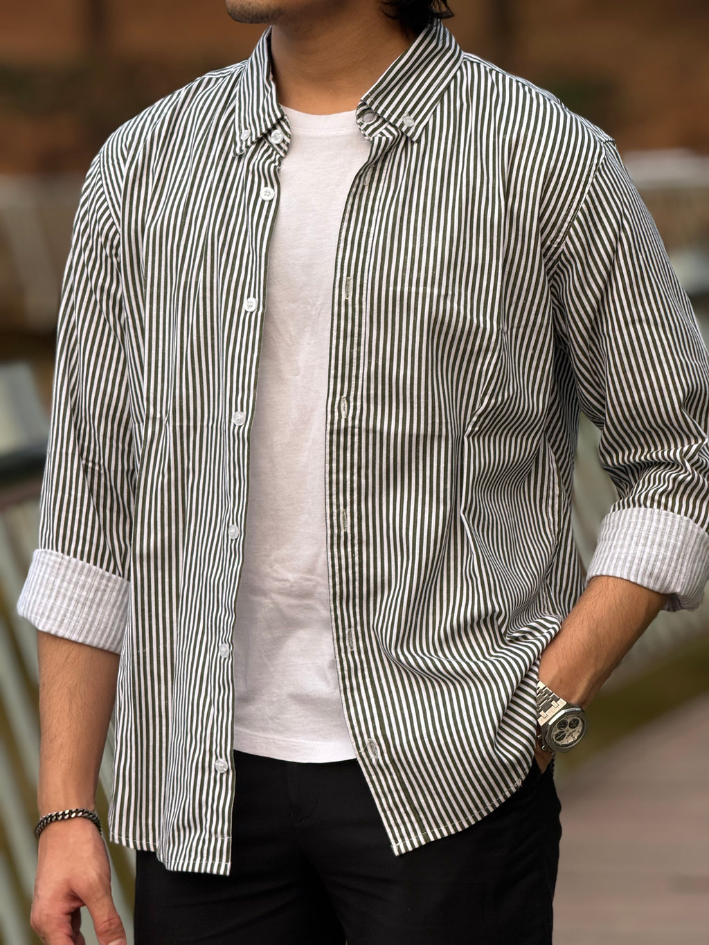 Dark Olive Structured stripe shirt