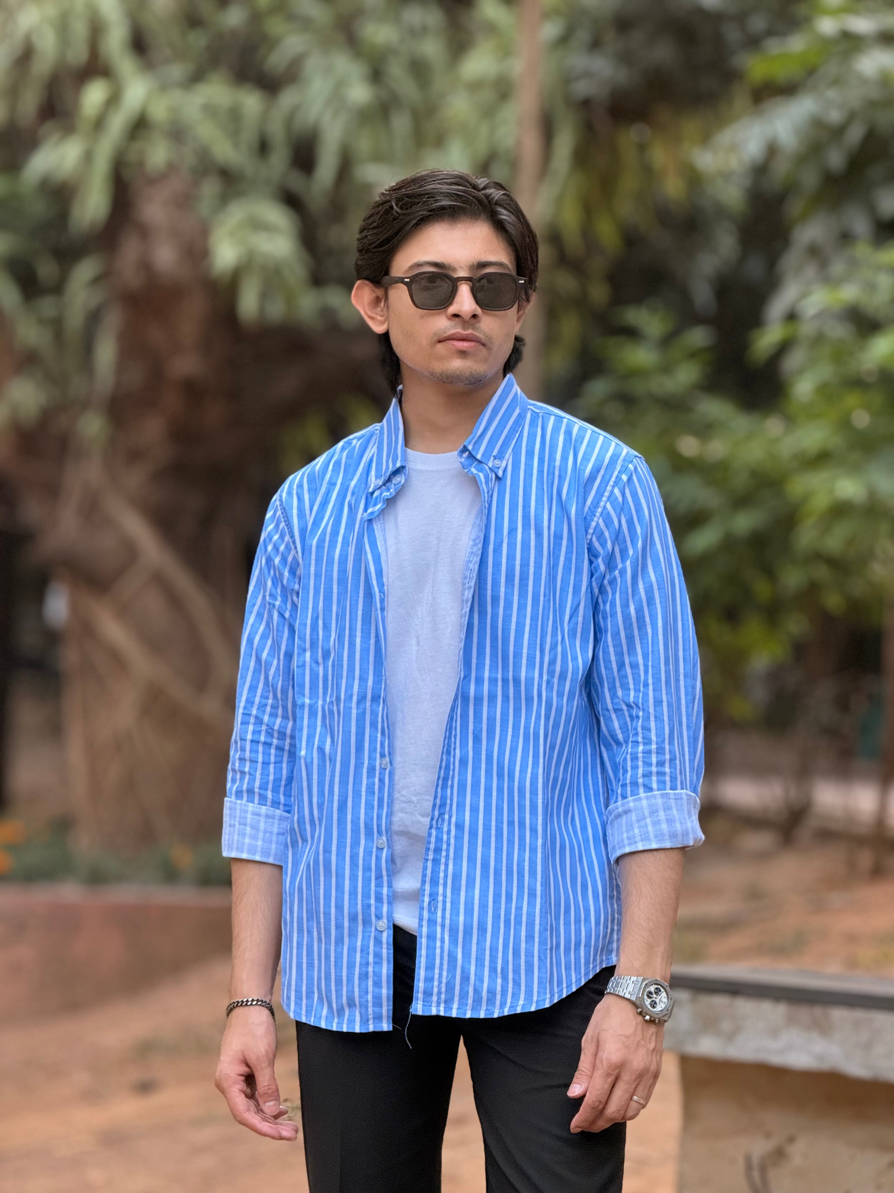 Mint Blue Linen Stripe Shirt