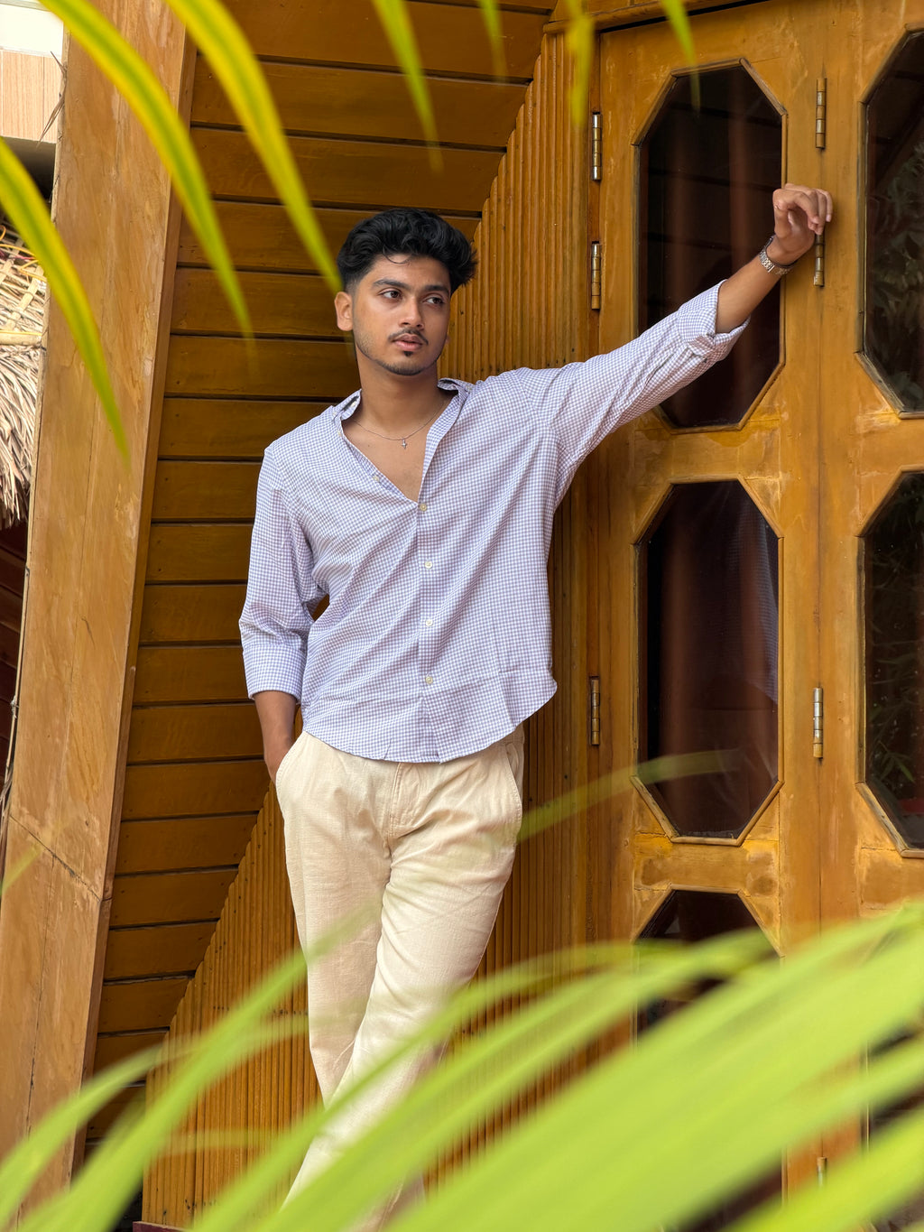 Beige Linen Pant + Multi Check Shirt
