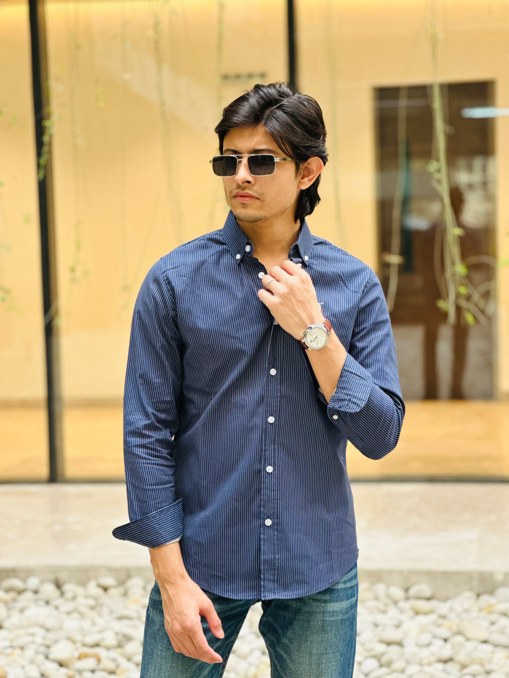 Navy Semi White Stripe Shirt