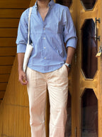 Beige Linen Pant + Devil Blue Stripe Shirt