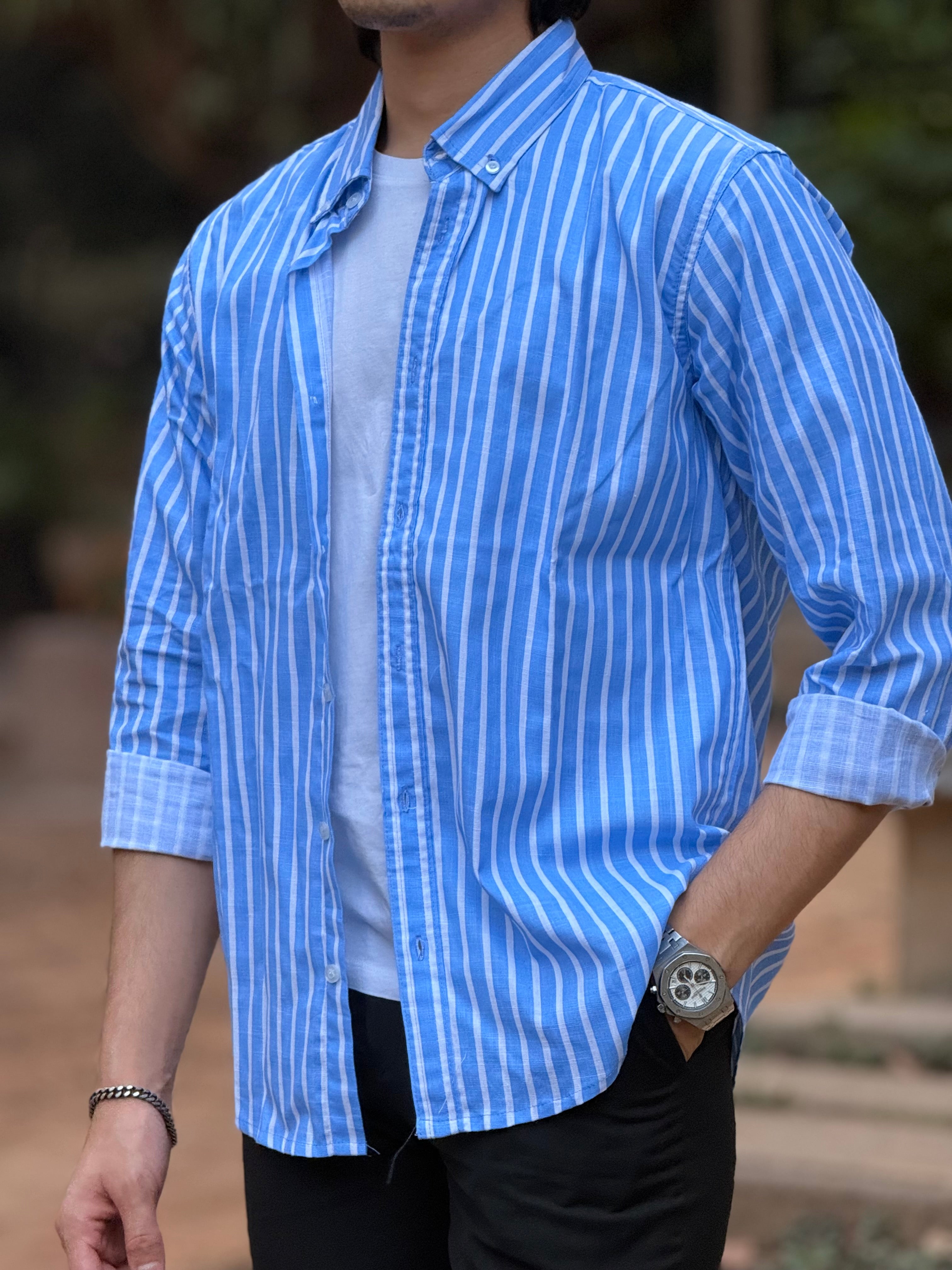 Mint Blue Linen Stripe Shirt