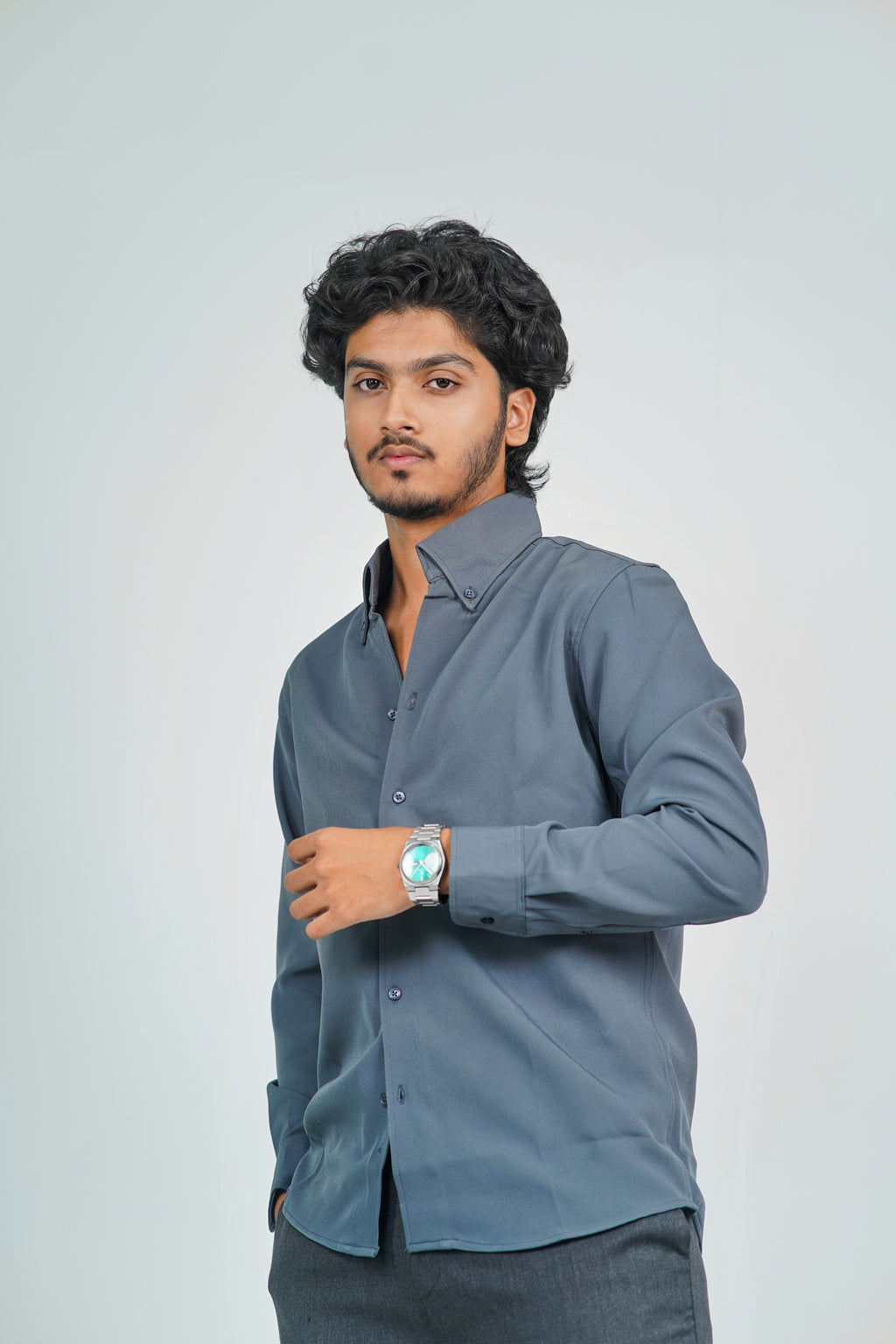 Korean High Neck Slate Grey Shirt