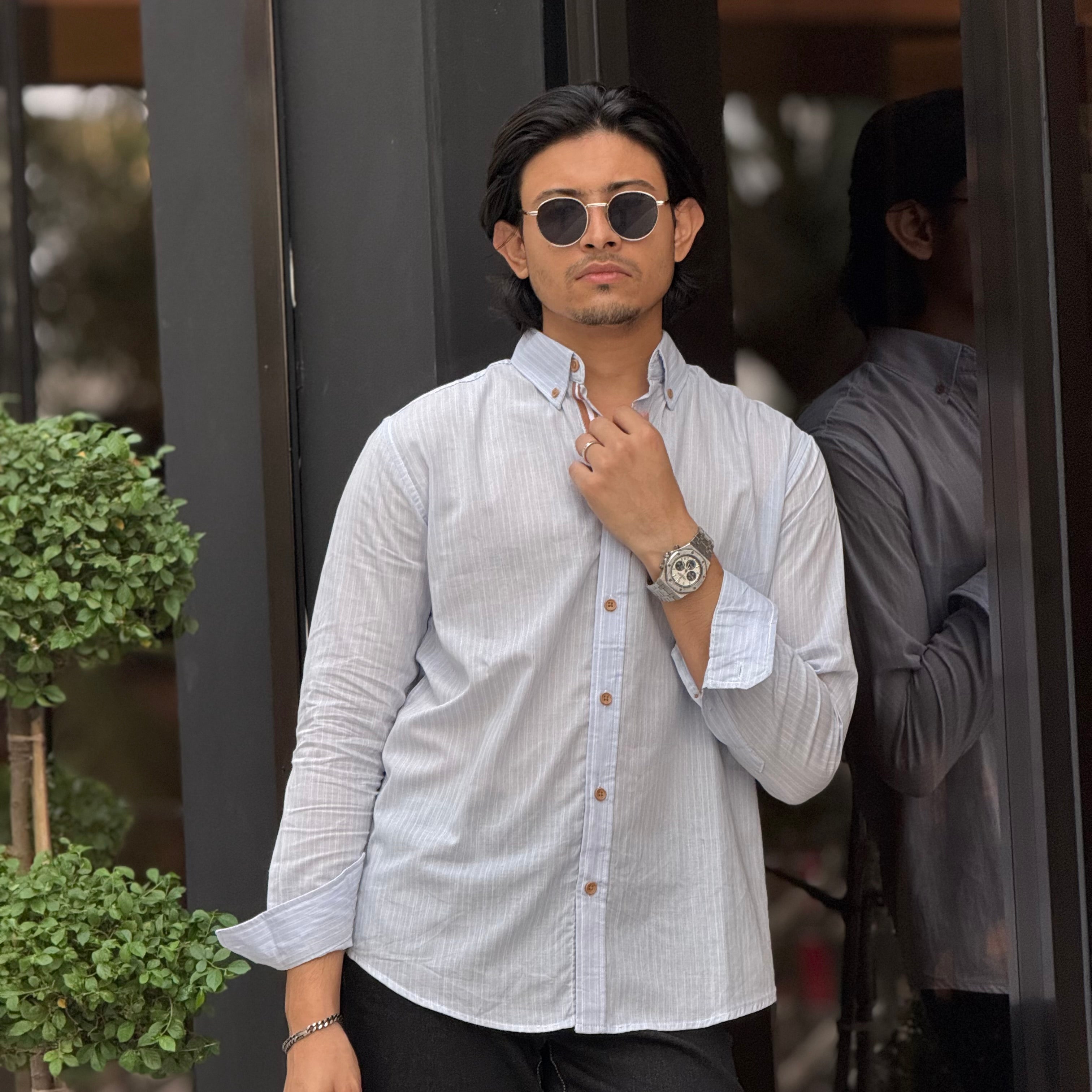 Sky White Brown Finished Stripe Shirt