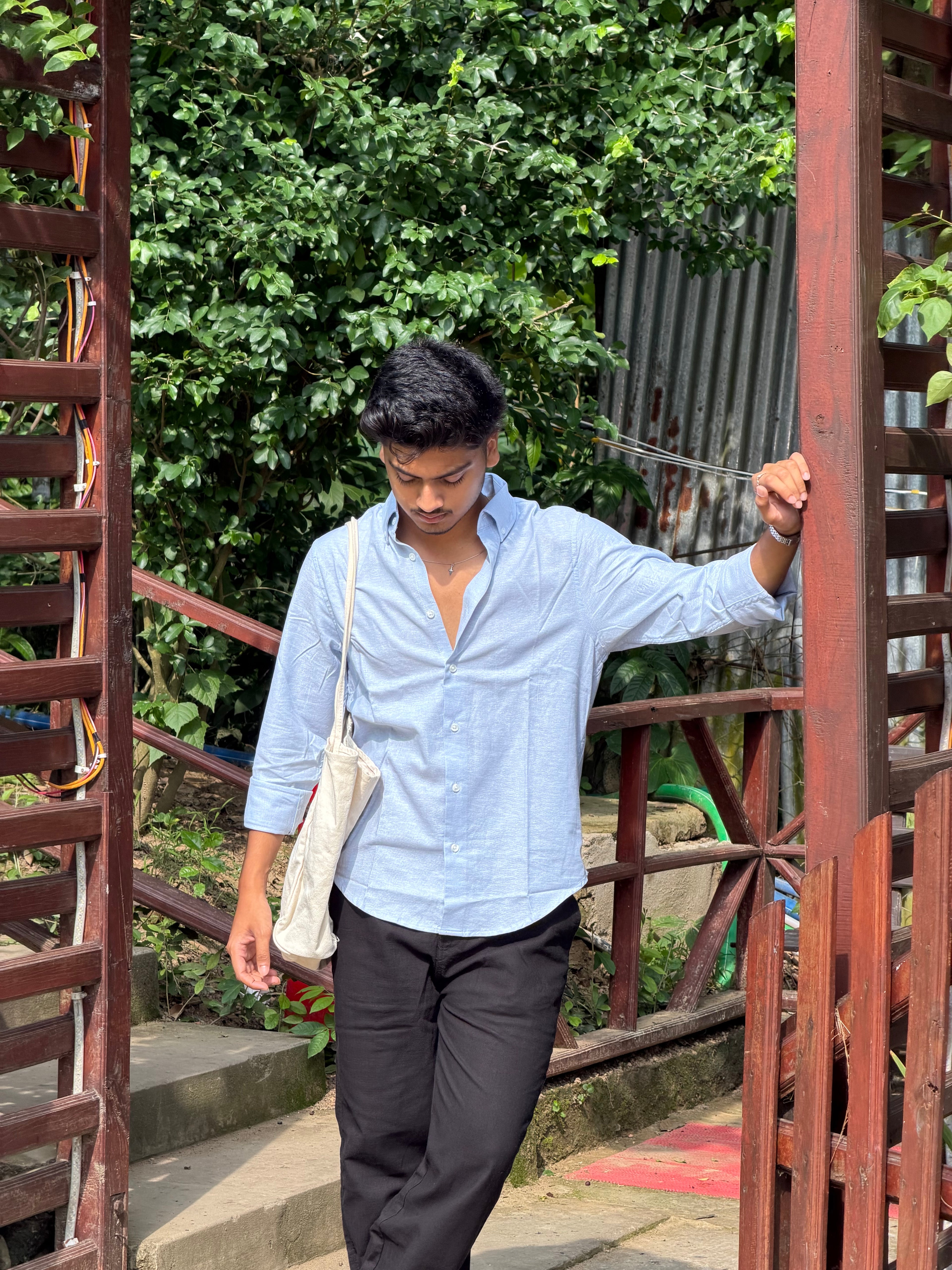Black Linen Pant + Powder Blue Shirt