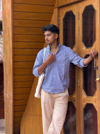 Beige Linen Pant + Devil Blue Stripe Shirt