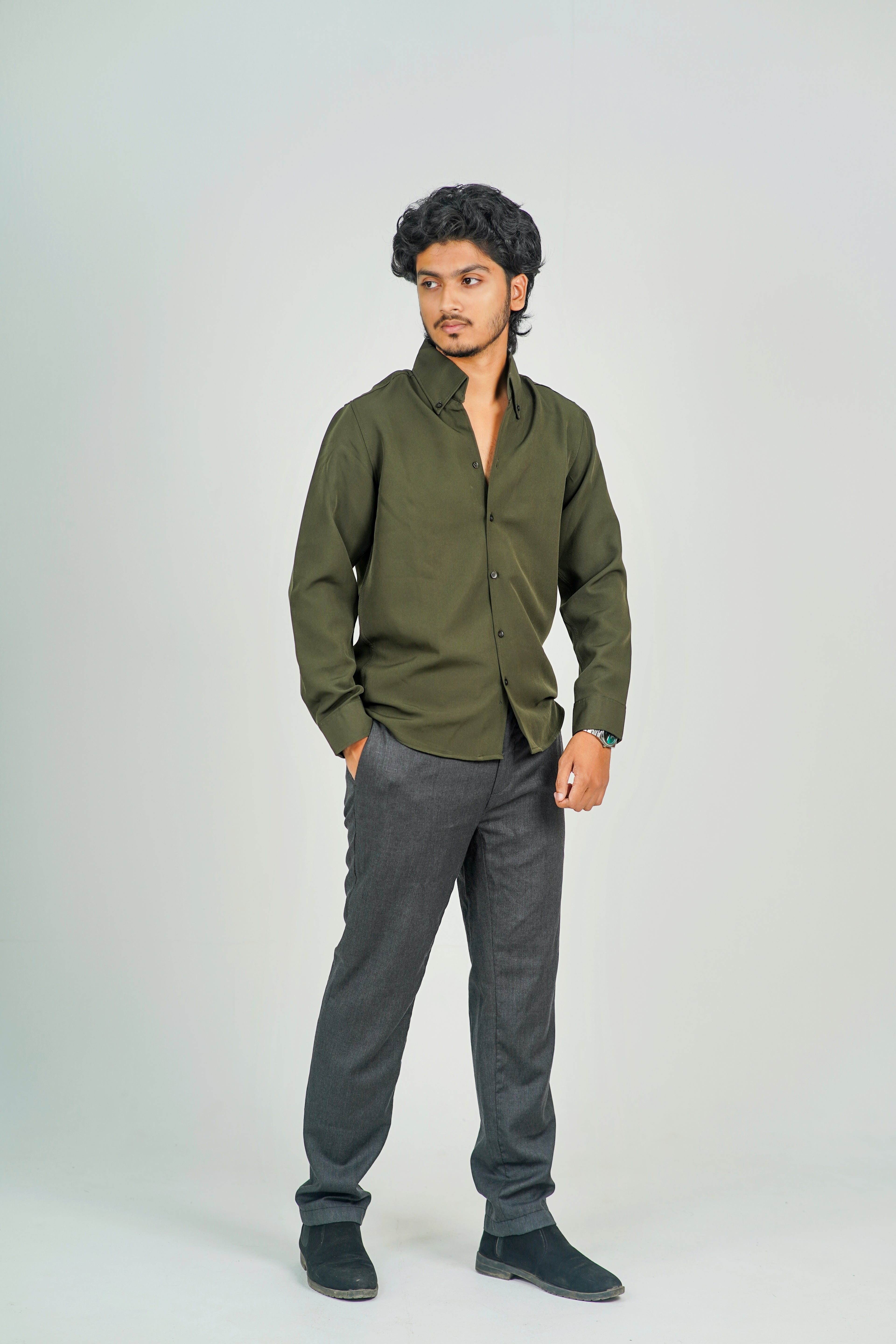 Korean High Neck Olive Green Shirt