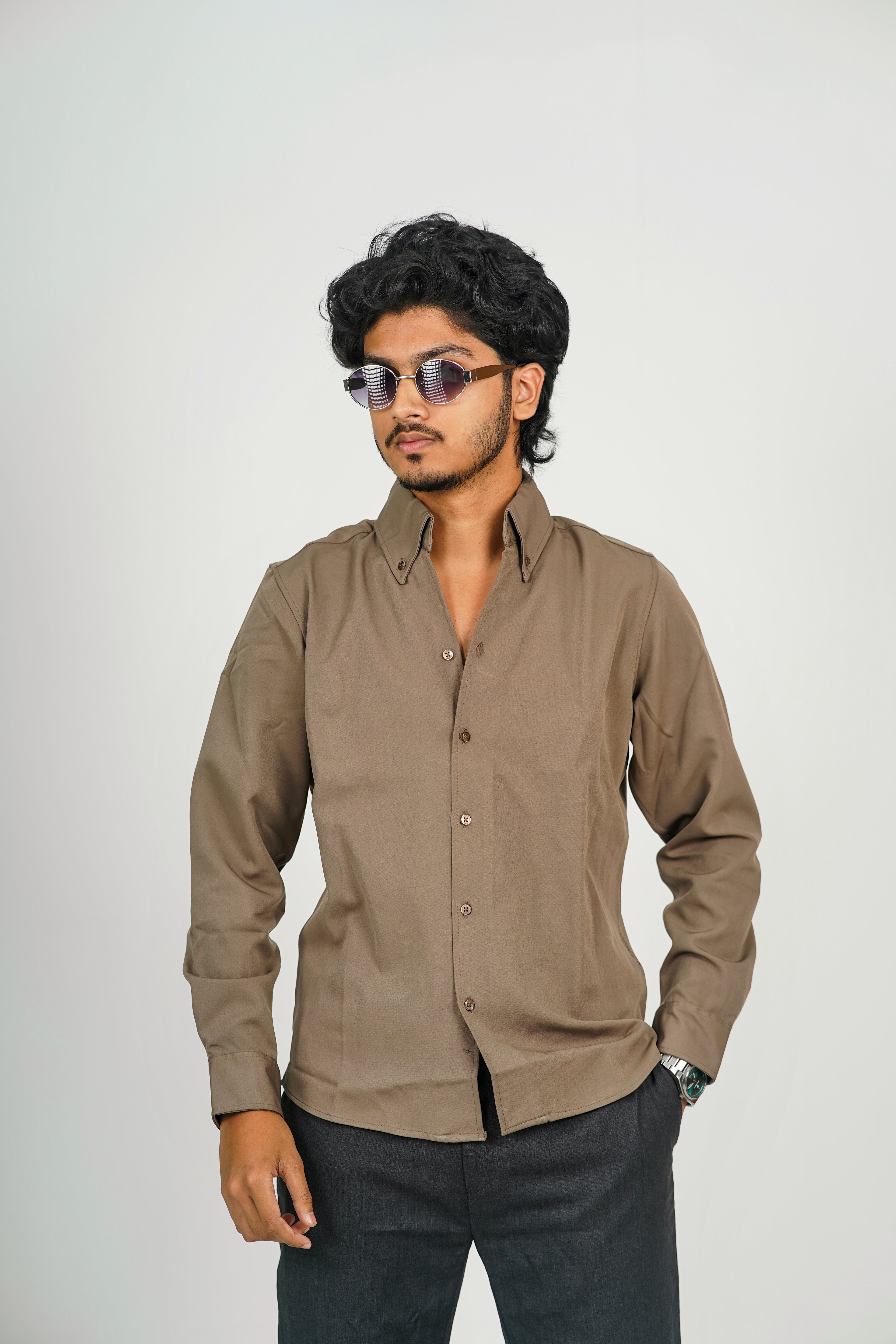 Korean High Neck Stone Brown Shirt