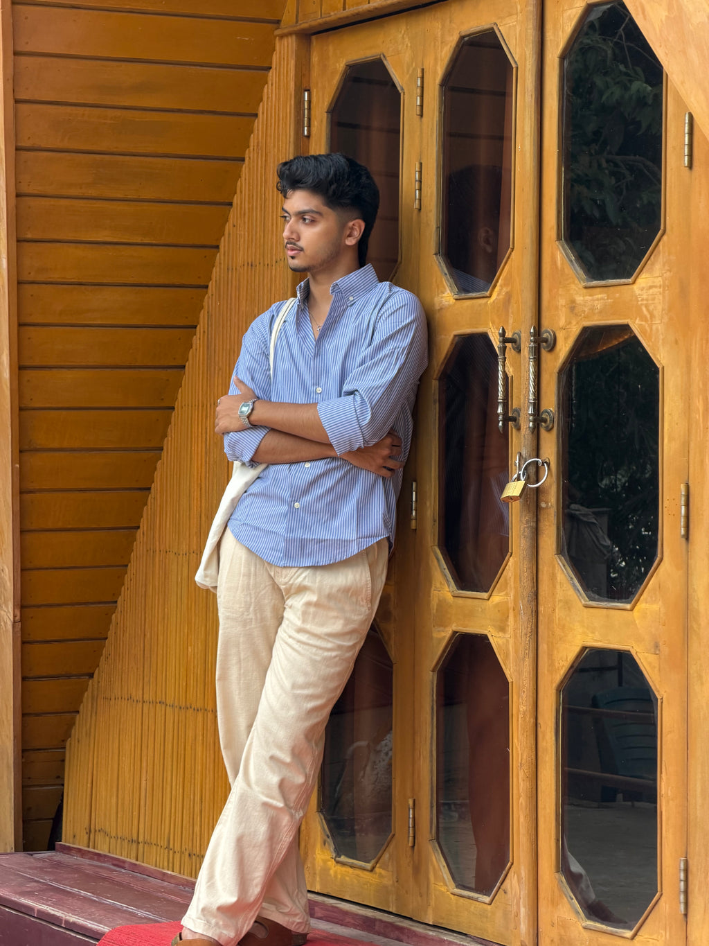 Beige Linen Pant + Devil Blue Stripe Shirt