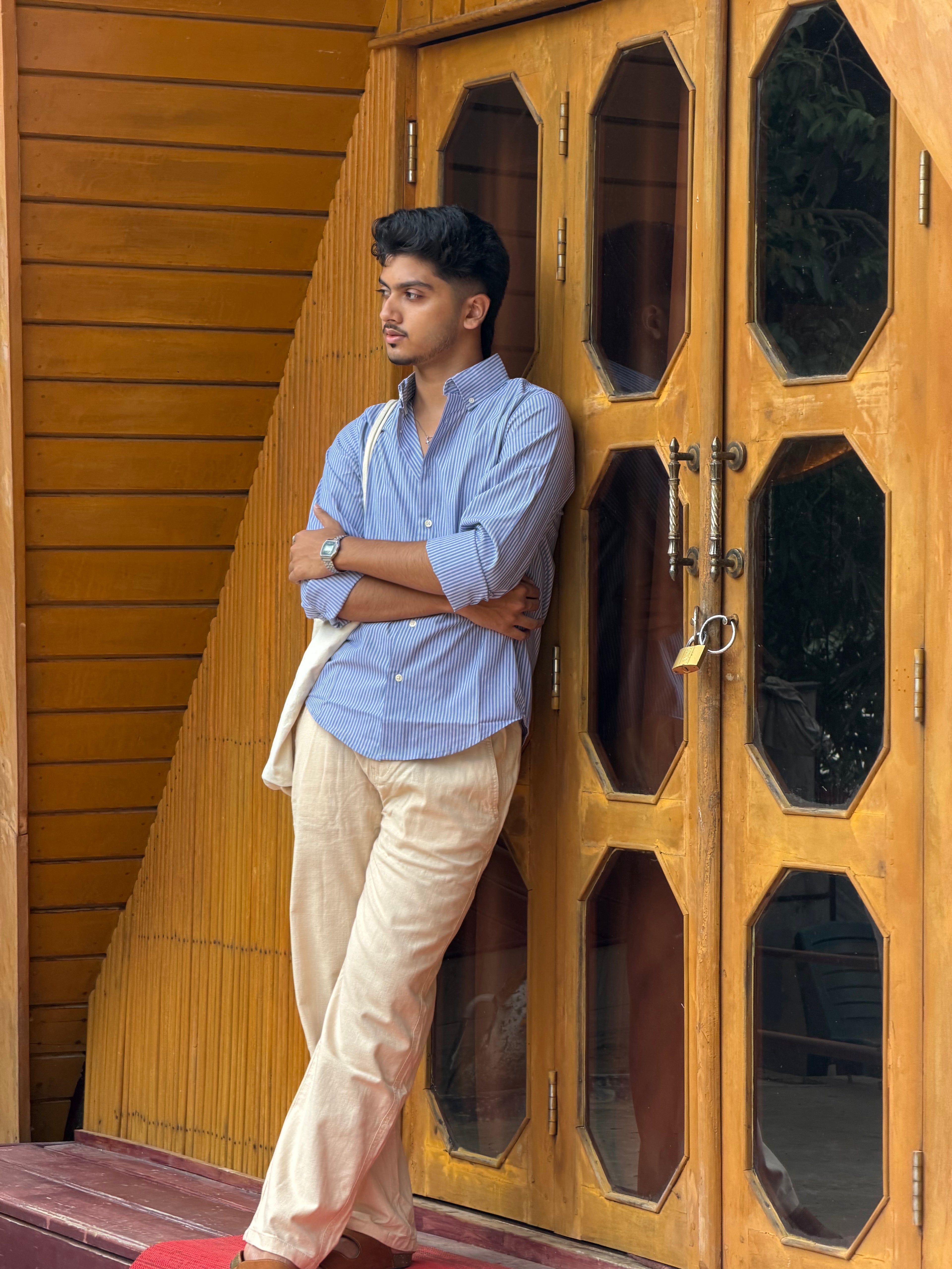 Beige Linen Pant + Devil Blue Stripe Shirt