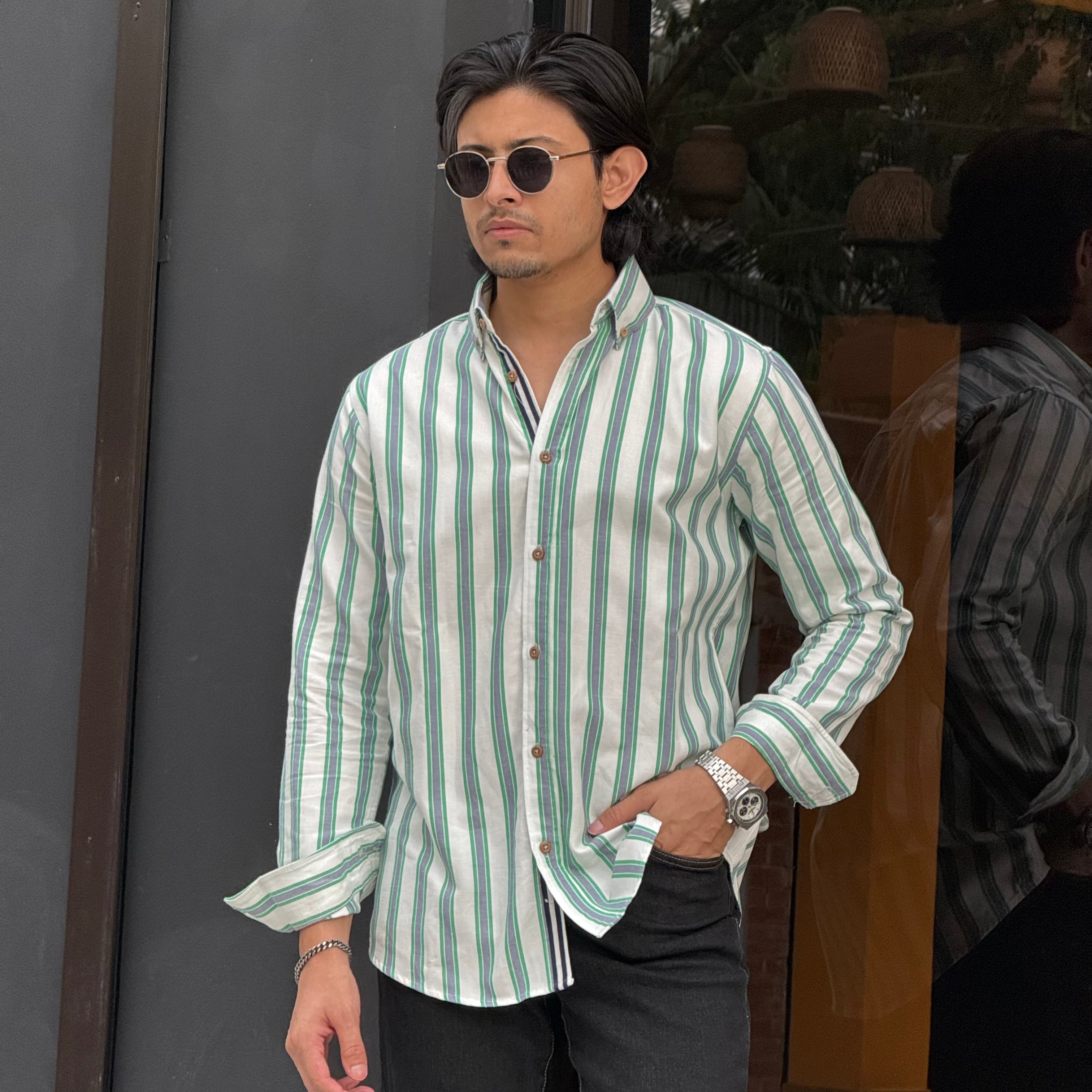 Green-White Multi Stripe Shirt